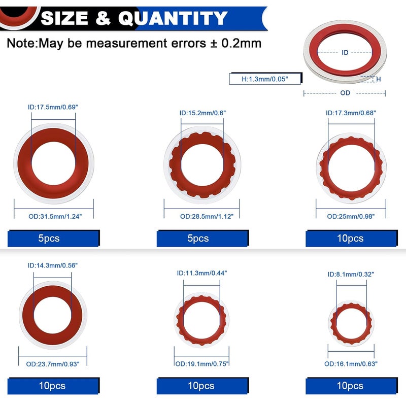 Daptemn 50PCS A/C O-Ring Assortment Kit, 6 Sizes Air Conditioning System Compressor Port Gasket Repairs Automotive Self-Centered Washer, Replace A/C Compressor Boned Seal Washer (ID: 8mm-17.5mm) (Red) - Image 2